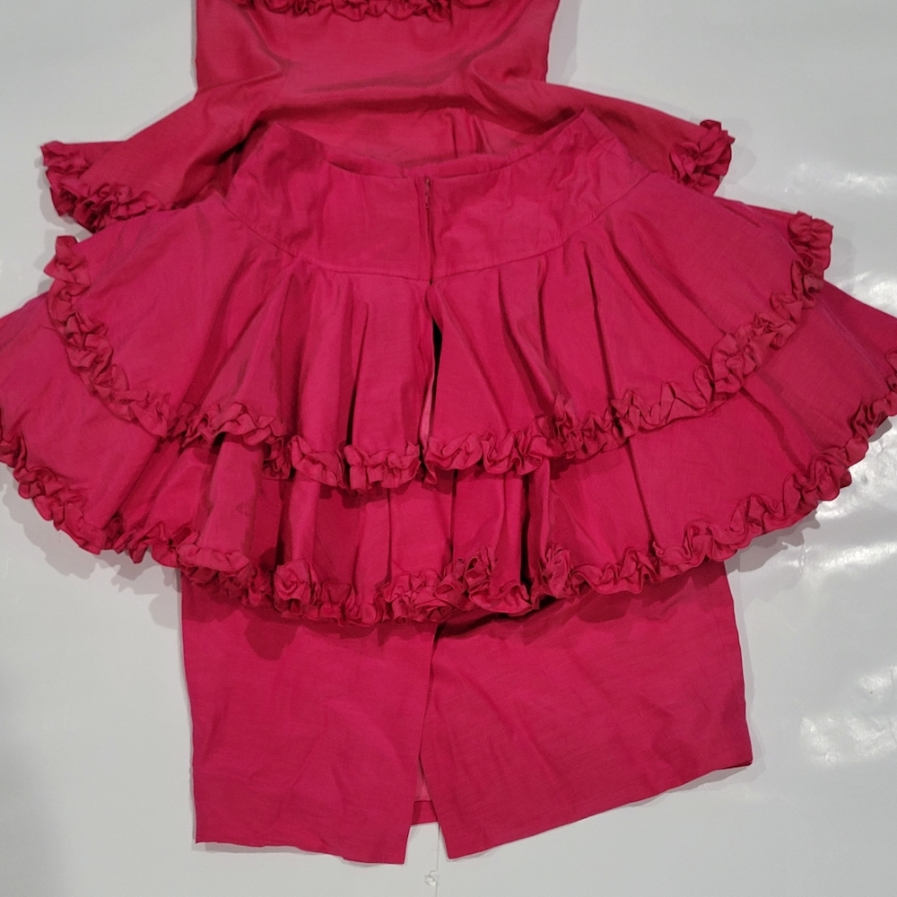vintage silk cotton ruffle hot pink 2 piece dress skirt Set - Picture 2 of 4